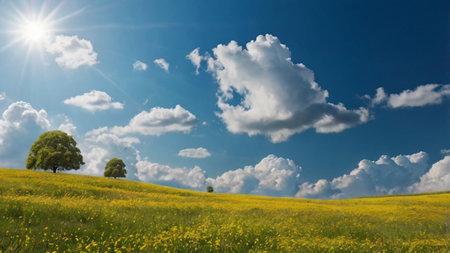 Beautiful summer landscape with yellow flowers and blue sky with white clouds