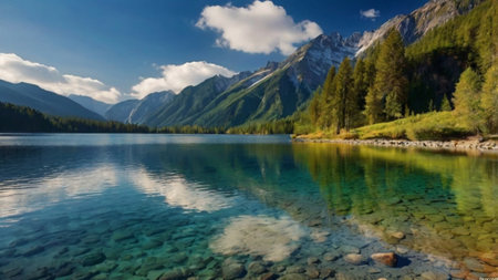 Beautiful alpine lake with clear water, reflection of mountains and clouds.