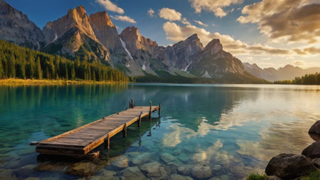 Wooden jetty on the lake. Dolomites, Italyの写真素材