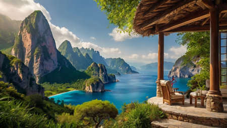 Beautiful panoramic view of karst mountains and blue sea