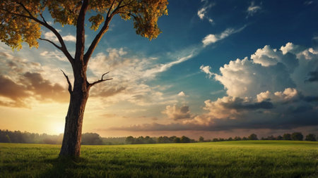 Autumn landscape with lonely tree on the field and cloudy sky.