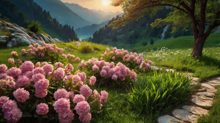 Landscape with blooming pink hydrangeas in the gardenの写真素材