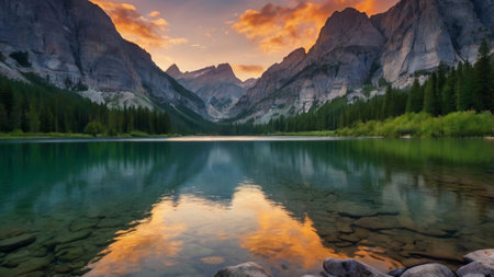 Lago di Braies lake in Dolomites, Italy, at sunset
