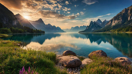 Idyllic summer sunrise at Lake Lago di Carezza, Dolomites, Italyの写真素材