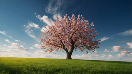cherry blossom tree on green field and blue sky with cloudsの写真素材
