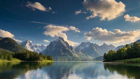 Panoramic view of the alpine lake Obersee in Bavaria, Germany