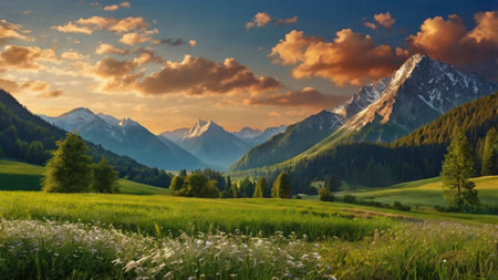 Panoramic view of alpine meadow at sunset. Switzerlandの写真素材