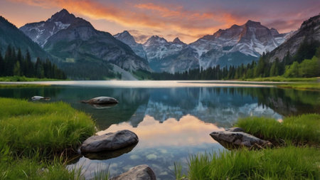 Mountain lake with reflection of mountains in the water at sunset.
