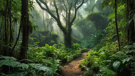 Tropical rainforest with fog in the morning, Sri Lankaの写真素材