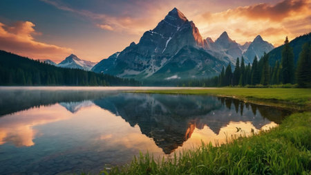 Mountain lake with reflection in the water at sunset.の写真素材