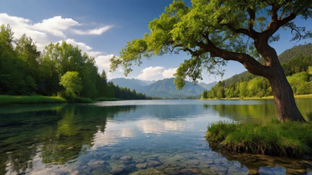 Beautiful landscape of a mountain lake with a tree in the foregroundの写真素材