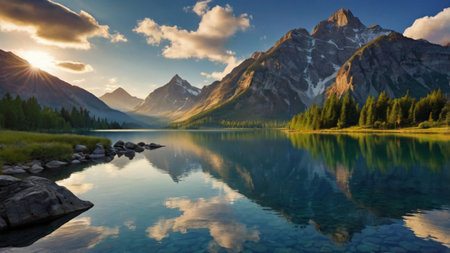 Mountain lake with reflection of mountains and clouds in the water.の写真素材