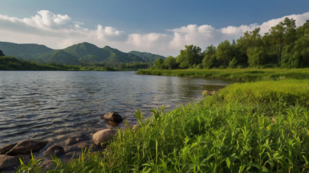 Beautiful summer landscape with a river and mountains on the background.の写真素材