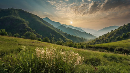 Mountain landscape with grass and flowers at sunset. Panorama.