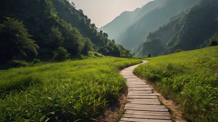 Wooden path in the mountains. Mountain trail in the mountains.の写真素材