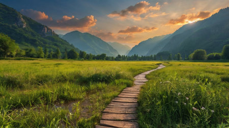 Mountain river at sunset. Beautiful summer landscape with a mountain river