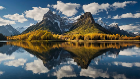 Autumn in the mountains. Reflection of mountains in the lake.