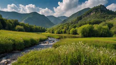 Beautiful summer landscape with a mountain river and green meadow.の写真素材
