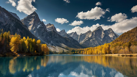 Mountain lake in the autumn. The reflection of the mountains.