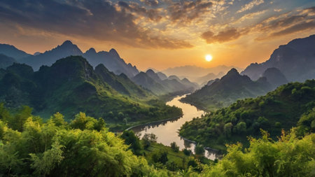 Mountain lake in the mountains at sunset. Panoramic view