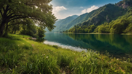 Panoramic view of the lake in the mountains. Summer landscape.