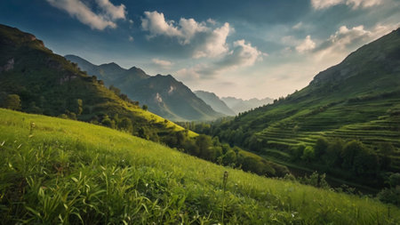 Panoramic view of the green fields in the mountains at sunsetの写真素材