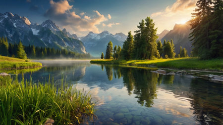 panoramic view of alpine lake in Dolomites, Italyの写真素材