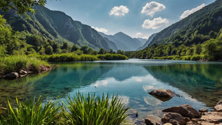 Beautiful mountain lake with crystal clear water and green forest on the backgroundの写真素材