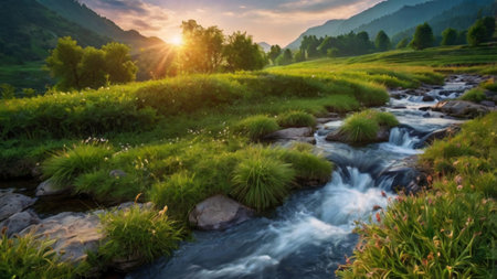 Beautiful summer landscape with a path in the mountains and a treeの写真素材