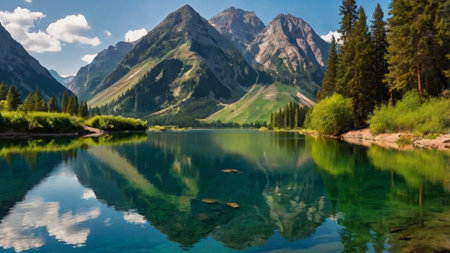 Panoramic view of turquoise alpine lake with reflection of mountains