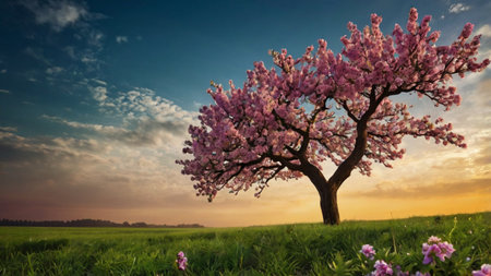 Tree with pink flowers in the meadow at sunset. Nature composition.