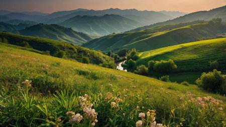 Beautiful landscape of green hills at sunset. Tuscany, Italyの写真素材