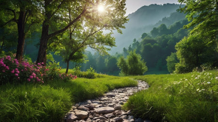 Beautiful summer landscape in the mountains. Green meadow and forest.