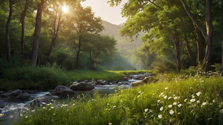 Beautiful landscape of river and forest in morning light. Nature background