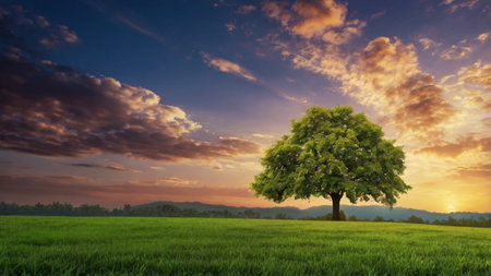Green tree on a meadow at sunset. Nature background with copy space.