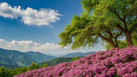 Landscape of azalea blossoms and mountain under blue skyの写真素材