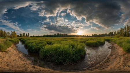Beautiful sunset with green grass and a flowing river. Panoramic view.の写真素材