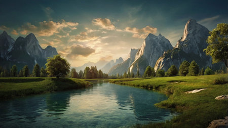 Beautiful alpine landscape with lake and mountains in the background.の写真素材