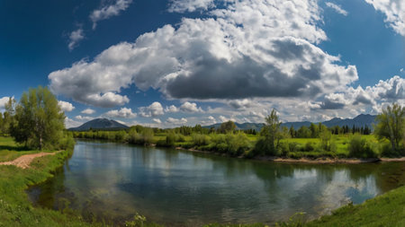 Summer landscape with river and blue sky with clouds. Altai, Siberia, Russiaの写真素材