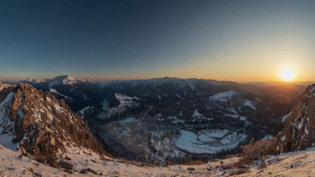 Sunset in the mountains. Panoramic view of the Alps.