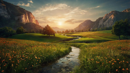 Panoramic view of a meadow with wildflowers at sunset.の写真素材