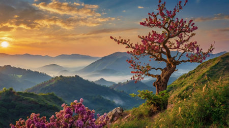 Peach blossom in the mountains at sunset, panoramic viewの写真素材