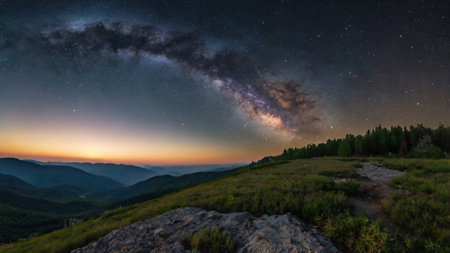 Milky Way over the Carpathian mountains at summer night, Ukraineの写真素材