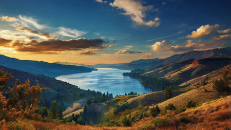 Beautiful summer landscape with mountain river and forest in the morning.の写真素材