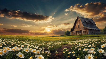 Old wooden house in a field with daisies at sunset.