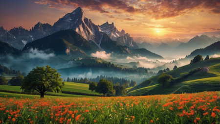 Beautiful alpine landscape with meadow of poppies and mountains in fog at sunriseの写真素材