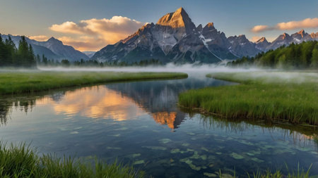 Mountain lake in the morning with reflection of the mountain peakの写真素材