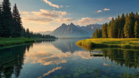 Panoramic view of alpine lake with reflection of mountains in waterの写真素材