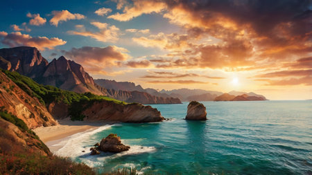 Tropical beach with palm trees and blue sky.の写真素材