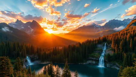 Sunset at the waterfall. The concept of active, ecological and photo tourism